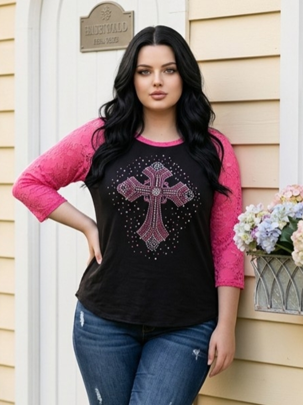 L&B Life Black Raglan Top, Hot Pink Lace Sleeves, Rhinestone Cross Graphic L EUC
